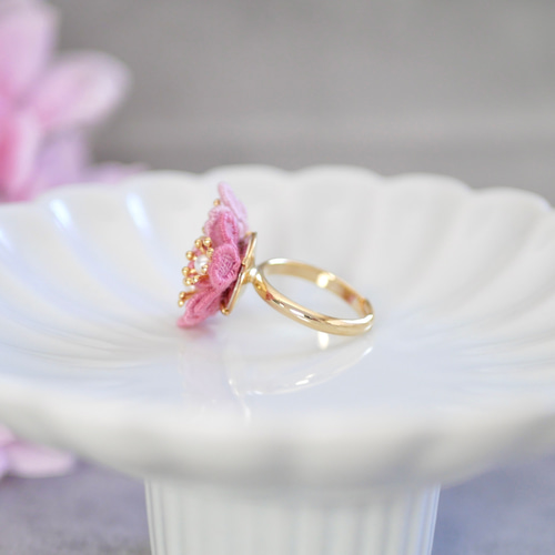 1点/即納可】桜[河津桜]リング (受注生産/オーガンジー刺繍/花