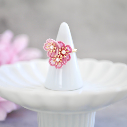 1点/即納可】桜[河津桜]リング (受注生産/オーガンジー刺繍/花
