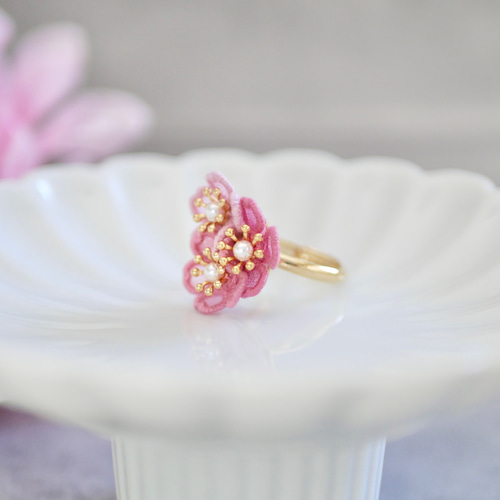1点/即納可】桜[河津桜]リング (受注生産/オーガンジー刺繍/花
