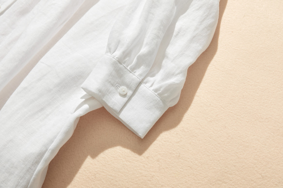 100% 亞麻襯衫裙，附針褶，適合所有季節，白色 240318-4 第6張的照片