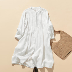 100% 亞麻襯衫裙，附針褶，適合所有季節，白色 240318-4 第1張的照片