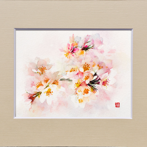 原画】桜の水彩画 額縁付き ナチュラルアート 和紙使用 一点物 原画】桜の水彩画 額縁付き ナチュラルアート 和紙使用 一点物