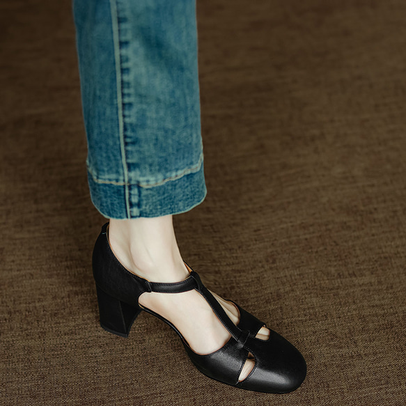 アンクルストラップ ヒール サンダル シューズ 春 夏 パンプス 大人可愛い 靴 太いヒール  アンクルストラップ付 2枚目の画像