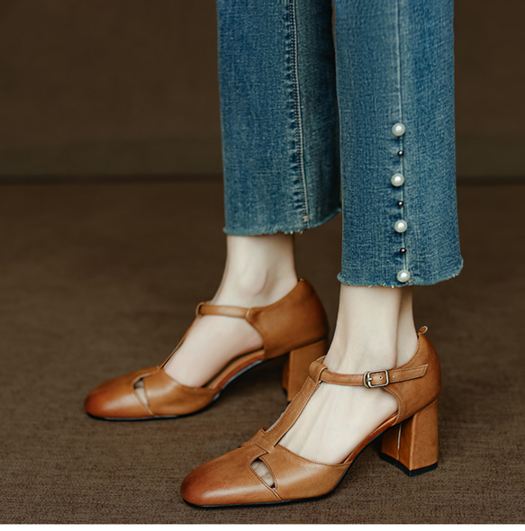 アンクルストラップ ヒール サンダル シューズ 春 夏 パンプス 大人可愛い 靴 太いヒール  アンクルストラップ付 5枚目の画像