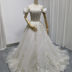 新品在庫処理！激安！ウェディングドレス ハンドメイド パフスリーブ  編み上げ 披露宴/結婚式 1枚目の画像