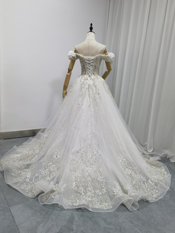 新品在庫処理！激安！ウェディングドレス ハンドメイド パフスリーブ  編み上げ 披露宴/結婚式 6枚目の画像