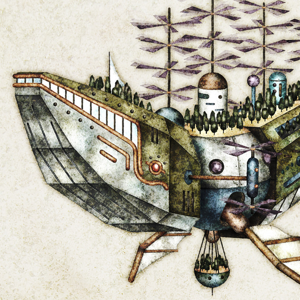 アートポスター『クジラ型飛行船とキカイ王国』A4/A3/A3ノビサイズ （3種類から選べます） 5枚目の画像