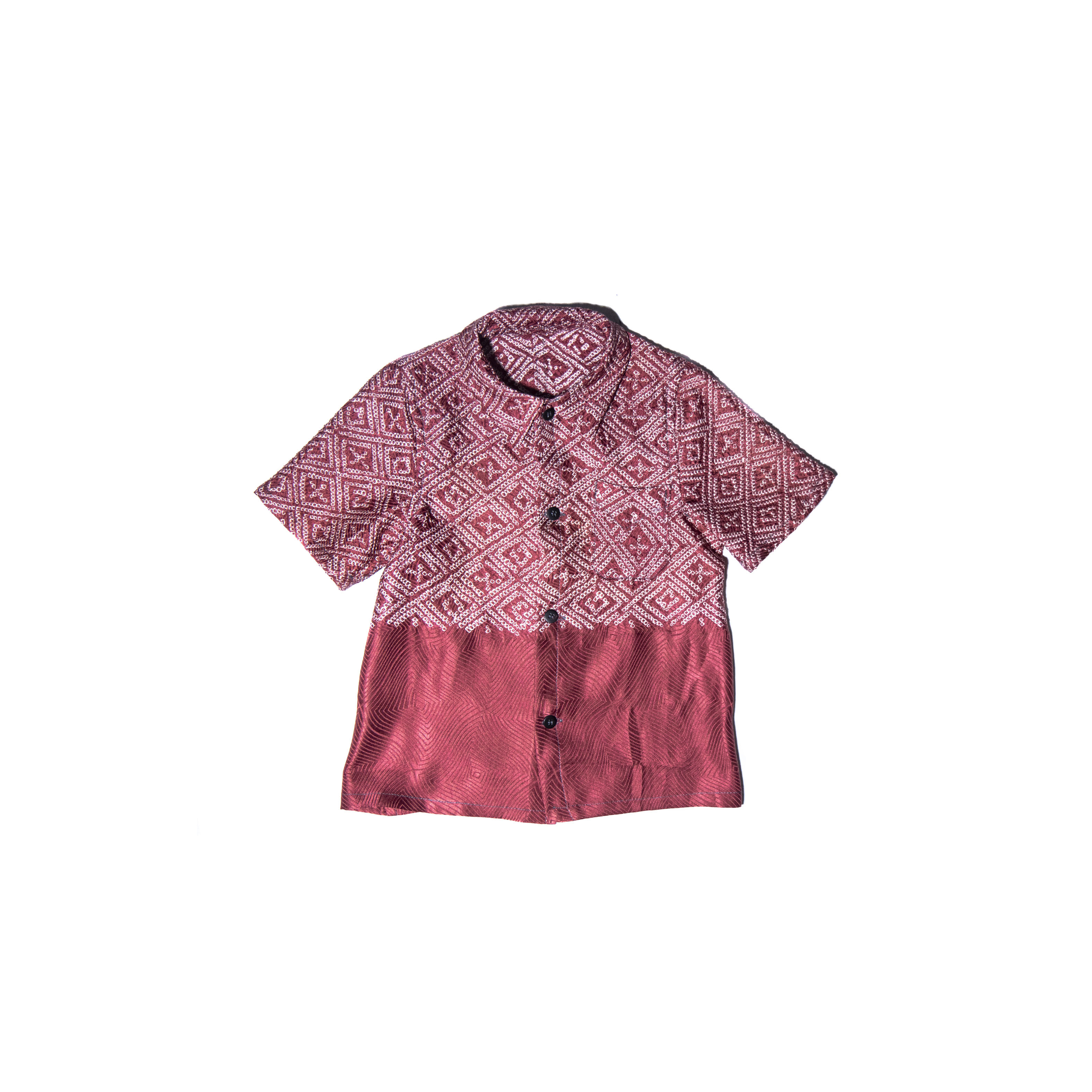 ボルドー色、シルク手絞りアンティーク着物リメイク、子供用半袖シャツ(約1才から4才)MZ original