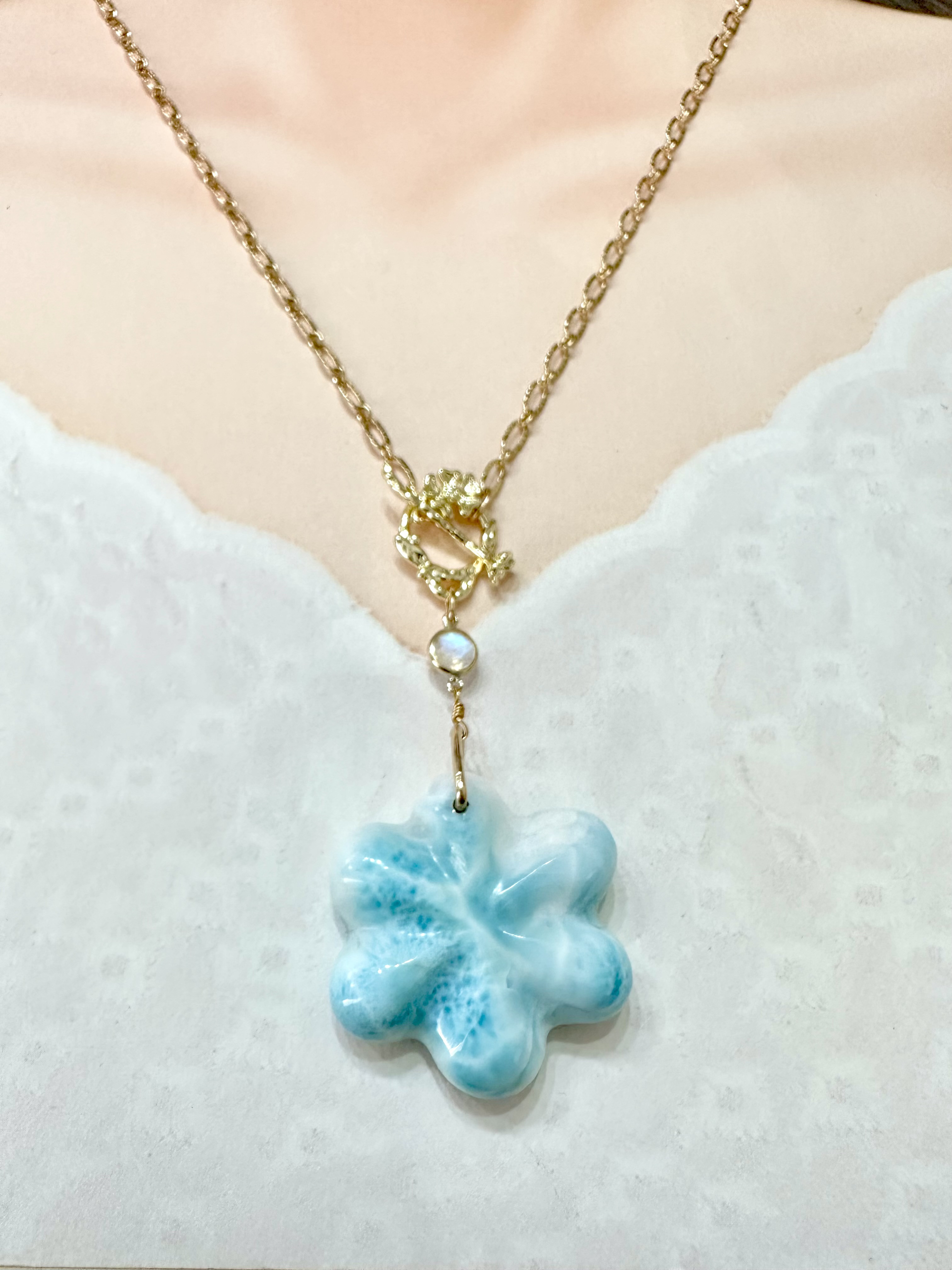 k14gf  ラリマー　フラワー　レインボームーンストーン　ネックレス