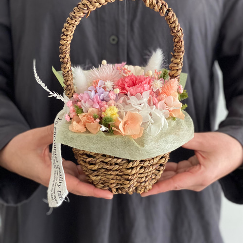 ♡Handmade♡母の日❀ドライフラワーお花かごリースpastelcolor