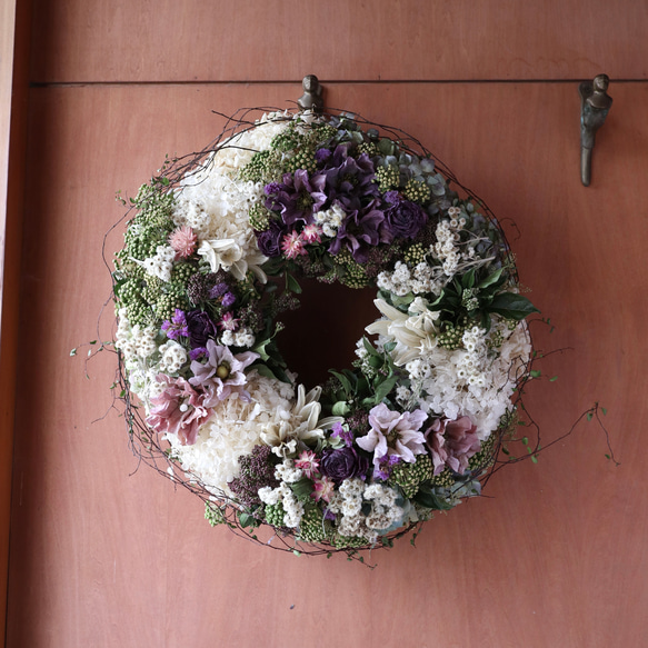 (38cm)  布花のアネモネとドライフラワーのアジサイの春色ボリュームリース/開店祝い/退職祝い/店舗装飾 7枚目の画像