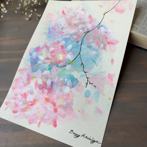 桜と風 -e 【原画/A4/アクリル画】 インテリアアート 絵 絵画