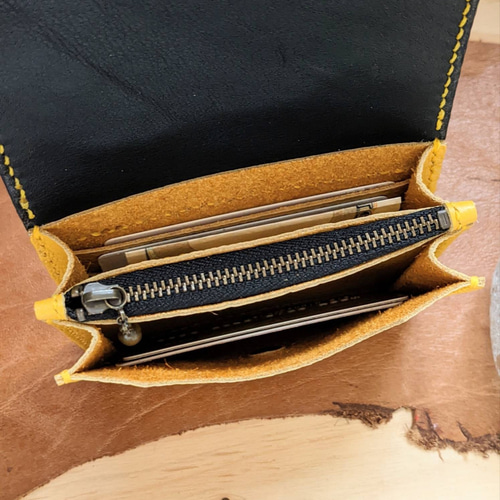 ぐしぐし手縫い＊マルチドットなハラコとマスタードイエローの本革ミニ  