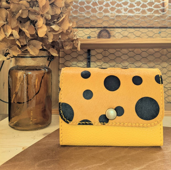 ぐしぐし手縫い＊マルチドットなハラコとマスタードイエローの本革ミニ  