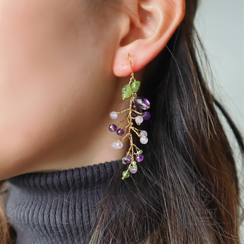 アメジストの藤の花ピアス イヤリング 金属アレルギー対応