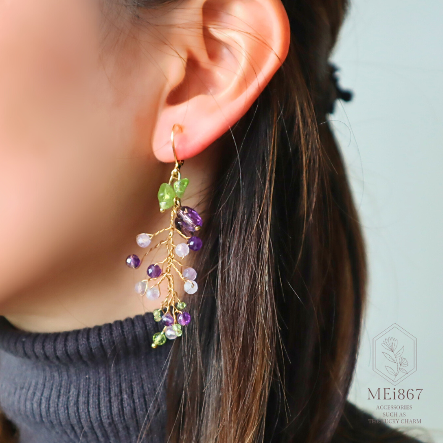 アメジストの藤の花ピアス イヤリング 金属アレルギー対応 ラベンダー