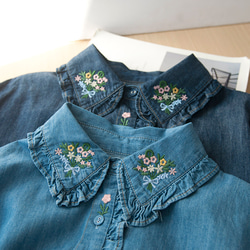 刺繍 シャツ ブルー、ネイビー  オーバーシルエット 普段使い カジュアルシャツ 刺繍 tシャツ 春 春服 春物 大人 2枚目の画像