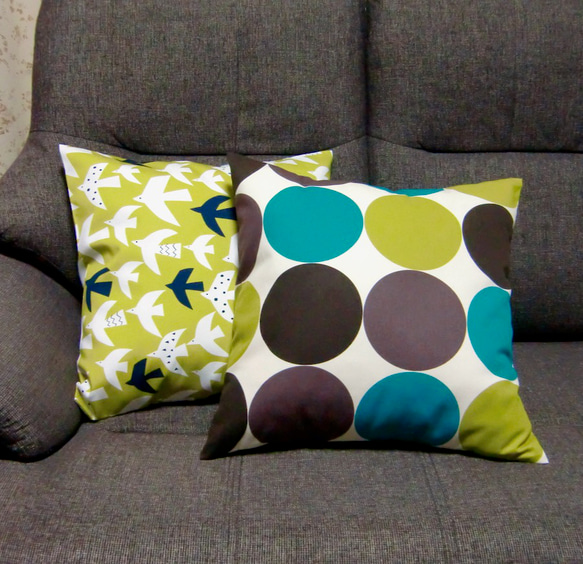 ☆   北欧柄　クッション　カバー　ハンドメイド 北欧柄クッションカバー【G】45×45cmのクッション用○ドット柄・鳥柄