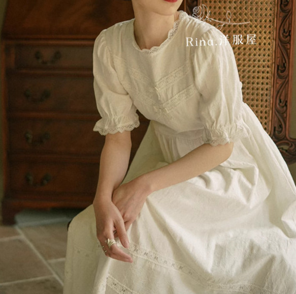 春夏.ハイウエストパフスリーブワンピース　上品/綿.綺麗なコットンドレス　リボンの白刺繍スカート 4枚目の画像