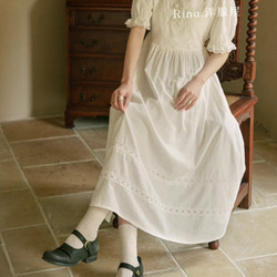 春夏.ハイウエストパフスリーブワンピース　上品/綿.綺麗なコットンドレス　リボンの白刺繍スカート 7枚目の画像