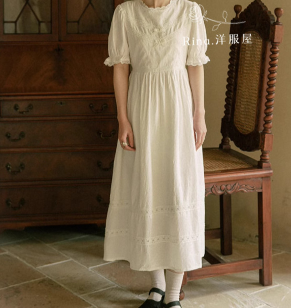 春夏.ハイウエストパフスリーブワンピース　上品/綿.綺麗なコットンドレス　リボンの白刺繍スカート 8枚目の画像