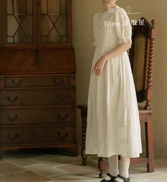 春夏.ハイウエストパフスリーブワンピース　上品/綿.綺麗なコットンドレス　リボンの白刺繍スカート 3枚目の画像