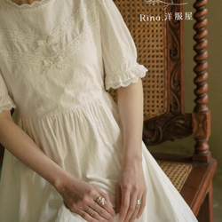 春夏.ハイウエストパフスリーブワンピース　上品/綿.綺麗なコットンドレス　リボンの白刺繍スカート 5枚目の画像