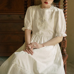 春夏.ハイウエストパフスリーブワンピース　上品/綿.綺麗なコットンドレス　リボンの白刺繍スカート 1枚目の画像