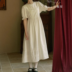 春夏.ハイウエストパフスリーブワンピース　上品/綿.綺麗なコットンドレス　リボンの白刺繍スカート 2枚目の画像