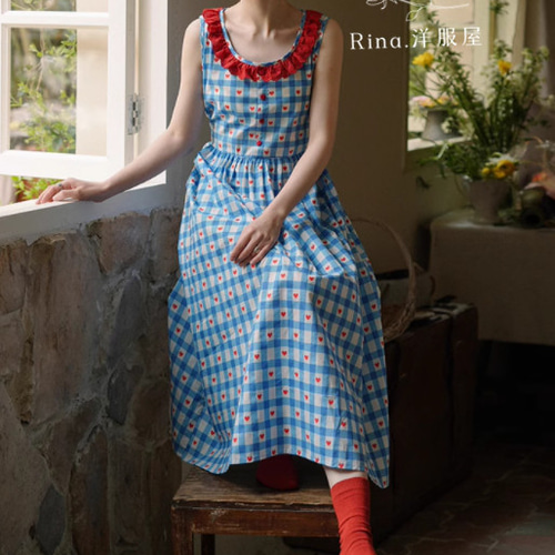 春夏.ブルーチェックノースリーブワンピース 上品/綿.綺麗なコットン