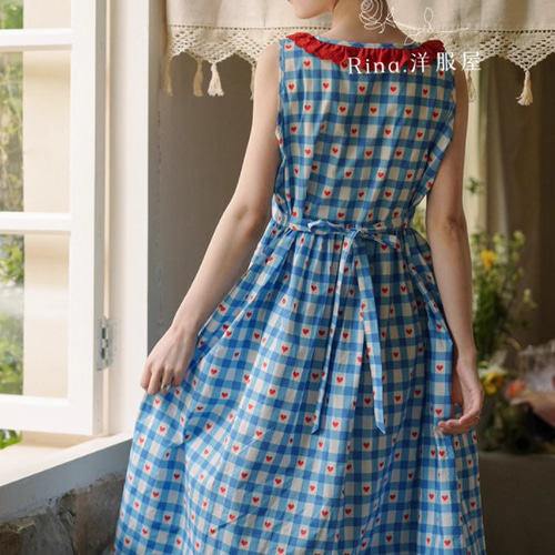 春夏.ブルーチェックノースリーブワンピース 上品/綿.綺麗なコットン