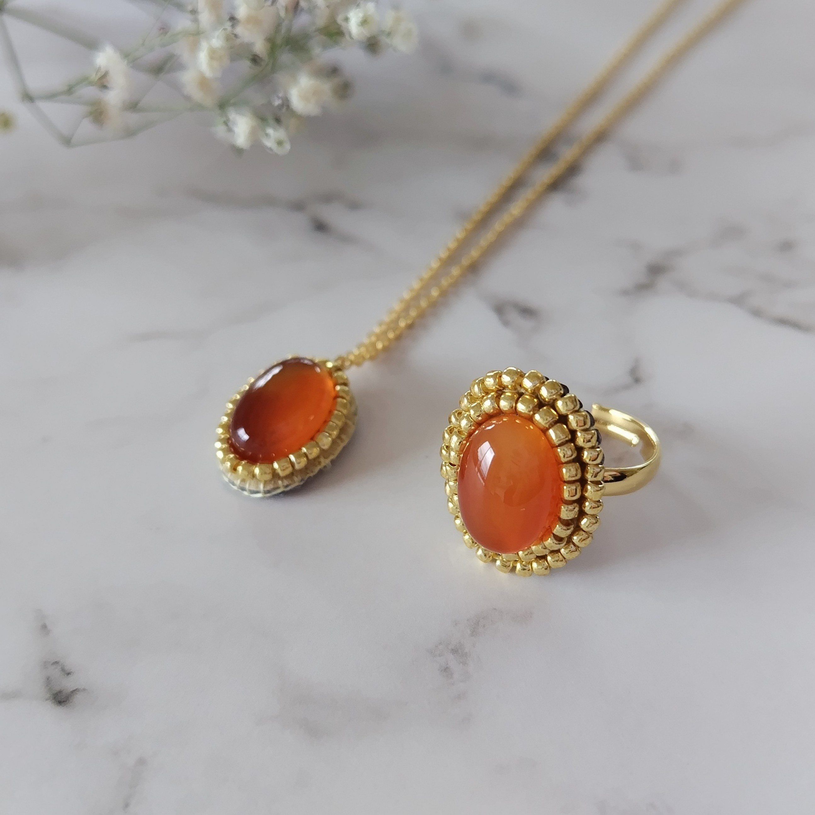〈セット〉天然石カーネリアン　リング・ネックレス ビーズ刺繡