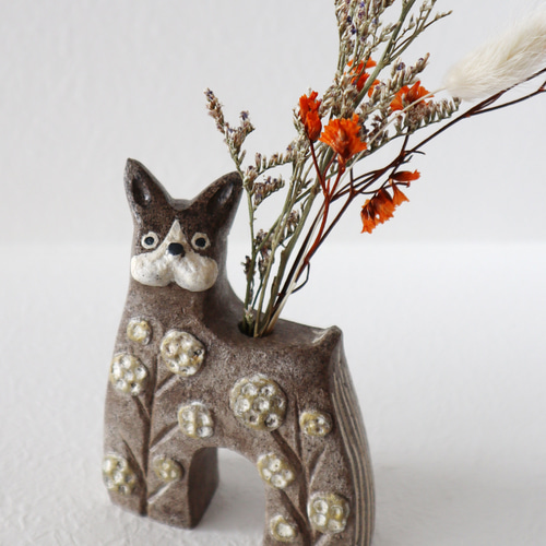 犬の一輪挿し 置物 ボストンテリア♡ お花模様 お任せドライフラワー付