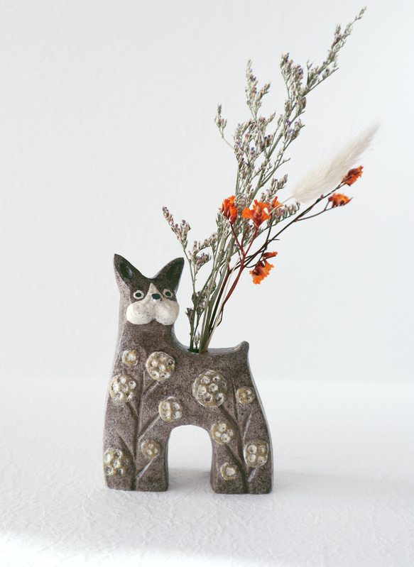 犬の一輪挿し 置物 ボストンテリア♡ お花模様 お任せドライ