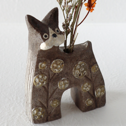 犬の一輪挿し 置物 ボストンテリア♡ お花模様 お任せドライ