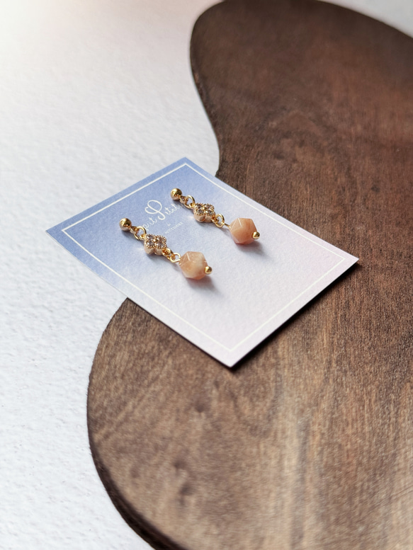 橙月光石 鋯石小花 925銀鍍金耳環 耳釘 姊妹禮物 第2張的照片