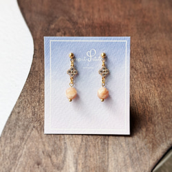 橙月光石 鋯石小花 925銀鍍金耳環 耳釘 姊妹禮物 第1張的照片