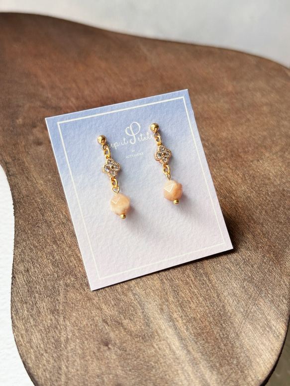 橙月光石 鋯石小花 925銀鍍金耳環 耳釘 姊妹禮物 第5張的照片