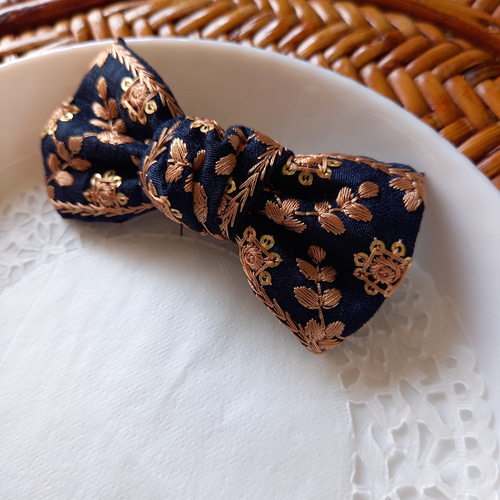金具変更可能】インド刺繍リボン ヘアゴム No.2 ネイビー シック