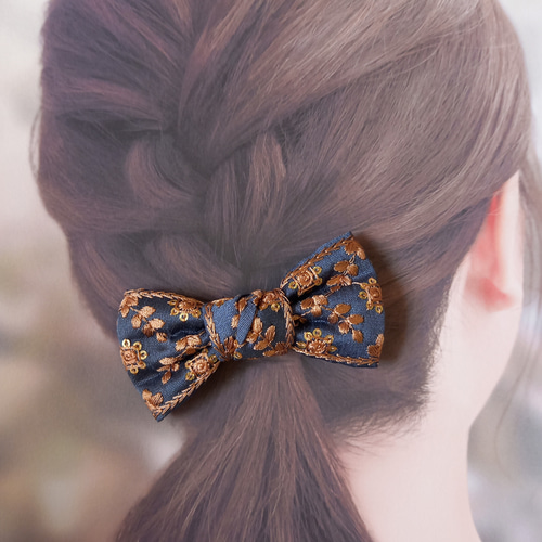 金具変更可能】インド刺繍リボン ヘアゴム No.2 ネイビー シック