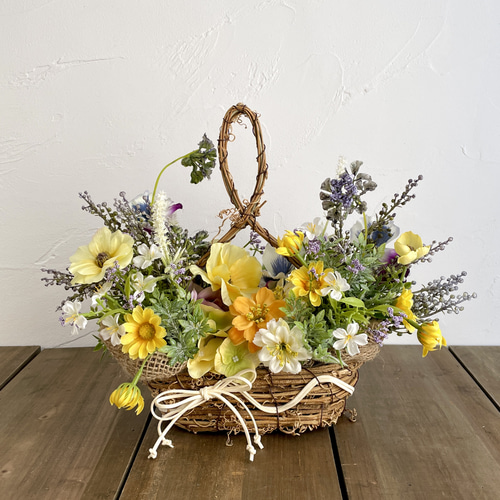 2WAY パンジーとデージーのバスケットアレンジ パープル・イエロー
