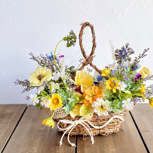 2WAY パンジーとデージーのバスケットアレンジ パープル・イエロー