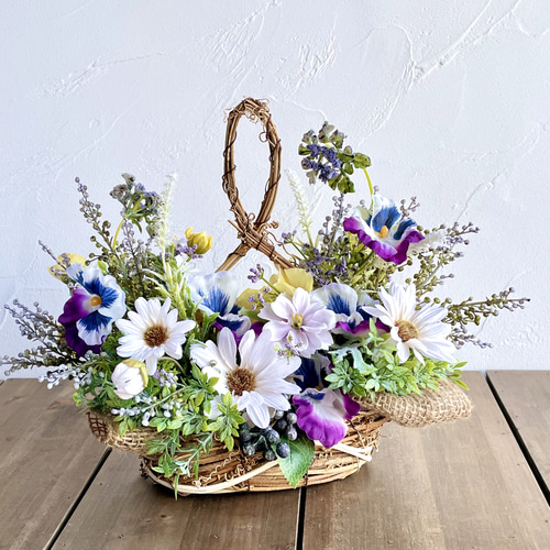 2WAY パンジーとデージーのバスケットアレンジ パープル・イエロー