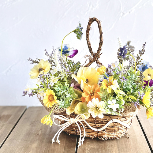 2WAY パンジーとデージーのバスケットアレンジ パープル・イエロー