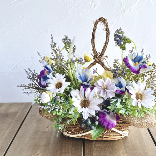 2WAY パンジーとデージーのバスケットアレンジ パープル・イエロー