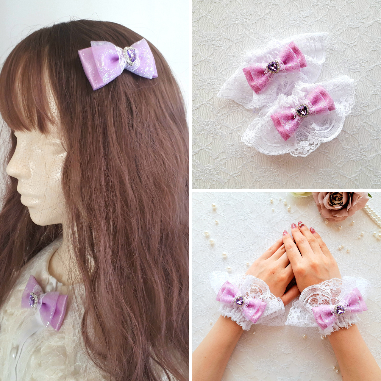 推し活リボン 量産型リボン 推し活 ヘアクリップ お袖留め セット ブレスレット コスチューム パステルカラー パープル