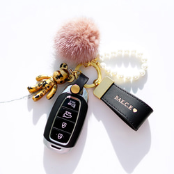 真皮義大利皮革汽車鑰匙圈水貂毛熊珍珠姓名牌鑰匙圈禮物 第1張的照片