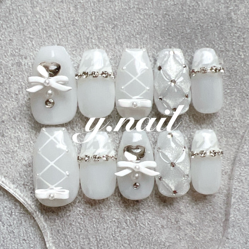 ネイルチップ/バレエコア/千鳥格子/リボン/キルティングネイル  