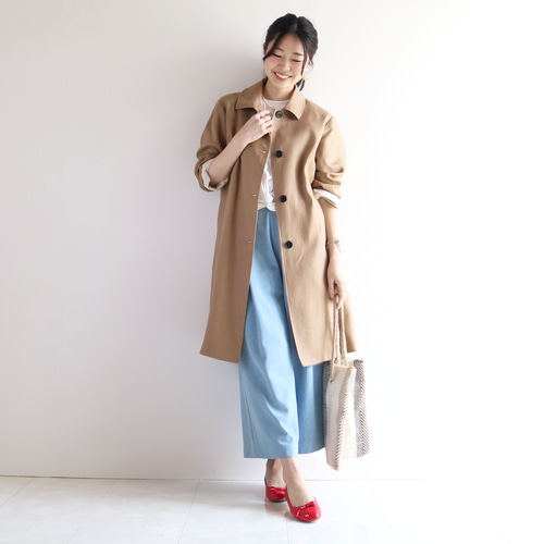 春秋【キャメル】洗える高級中厚リネン100％ステンカラーコート