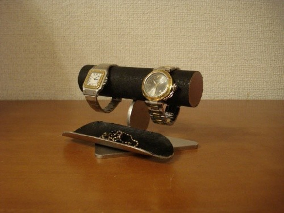 腕時計スタンド　ウォッチスタンド　ハンドメイド 　ブラック2本掛けロングトレイバージョン　No.130403 3枚目の画像
